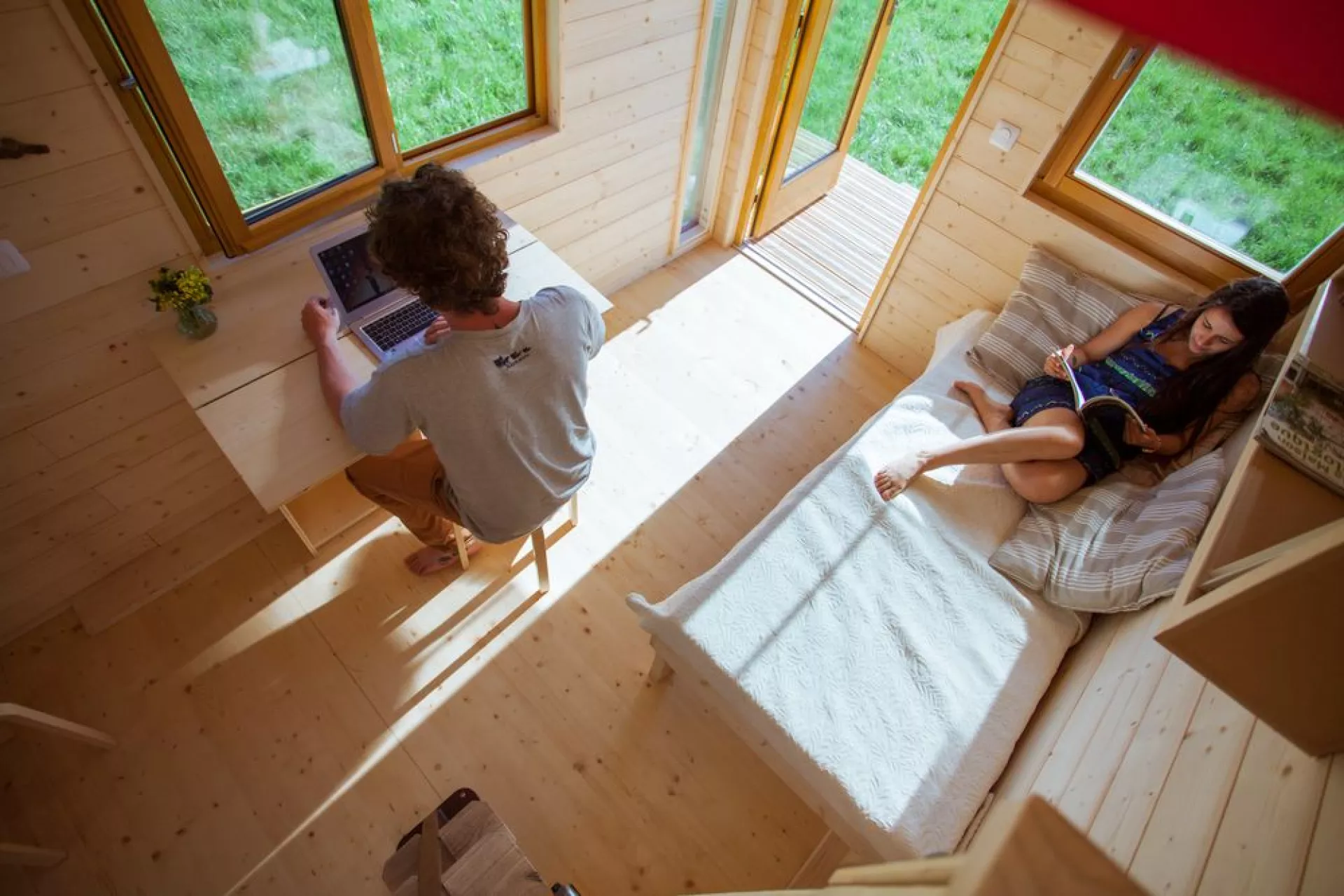 La Tête dans les étoiles' interior is snug but makes space for a daybed and a work area 