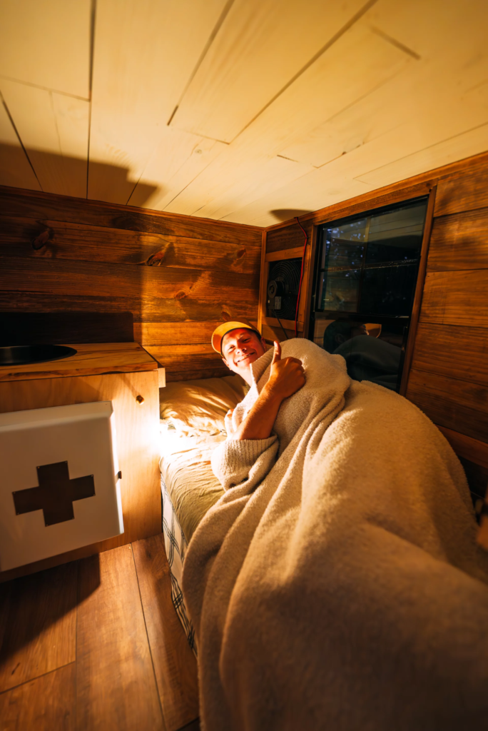 The micro-camper features a very compact layout that sleeps one