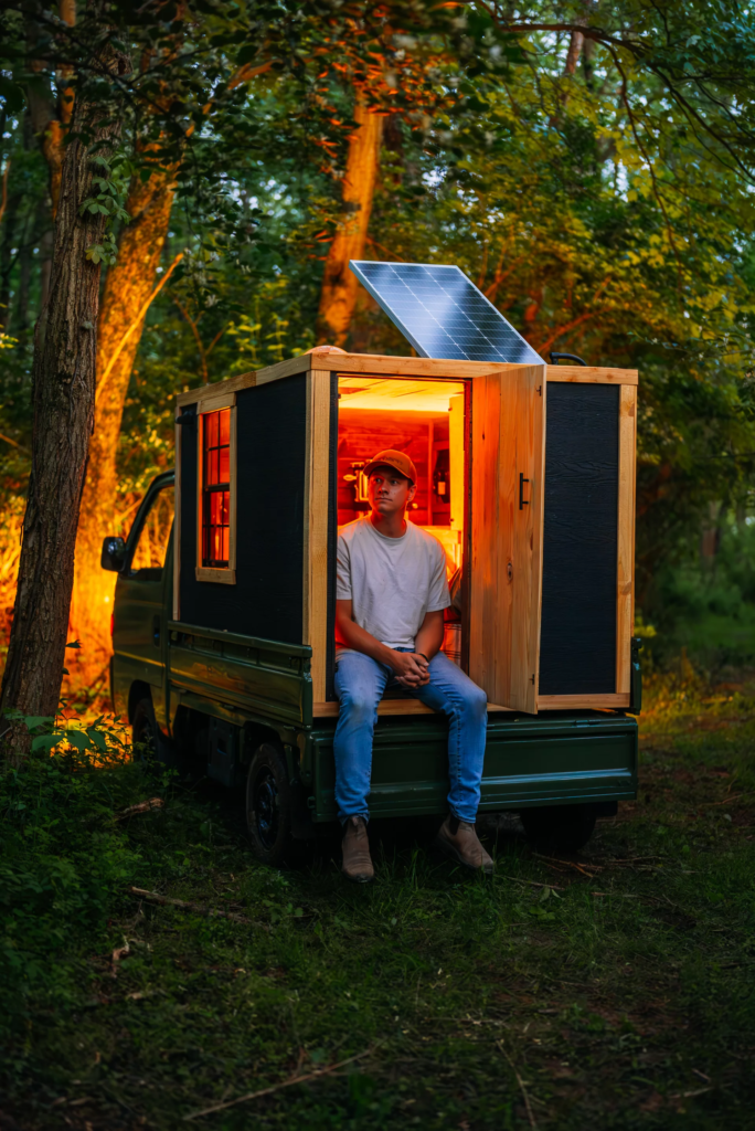 The micro-camper gets power from solar panels