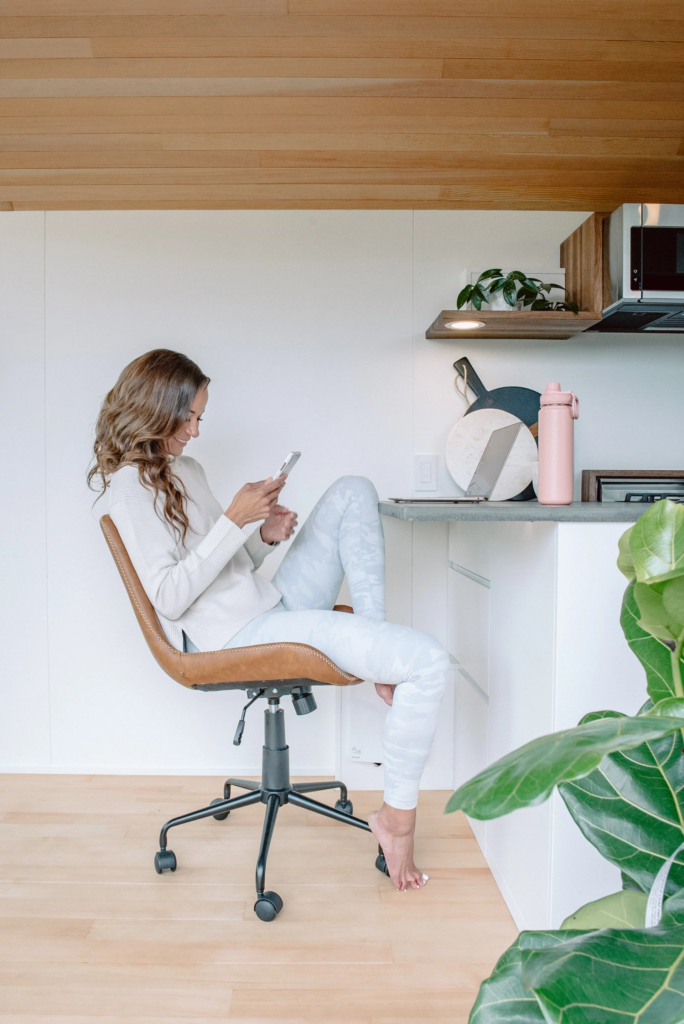 The Trahan Tiny House's kitchen includes a home office area