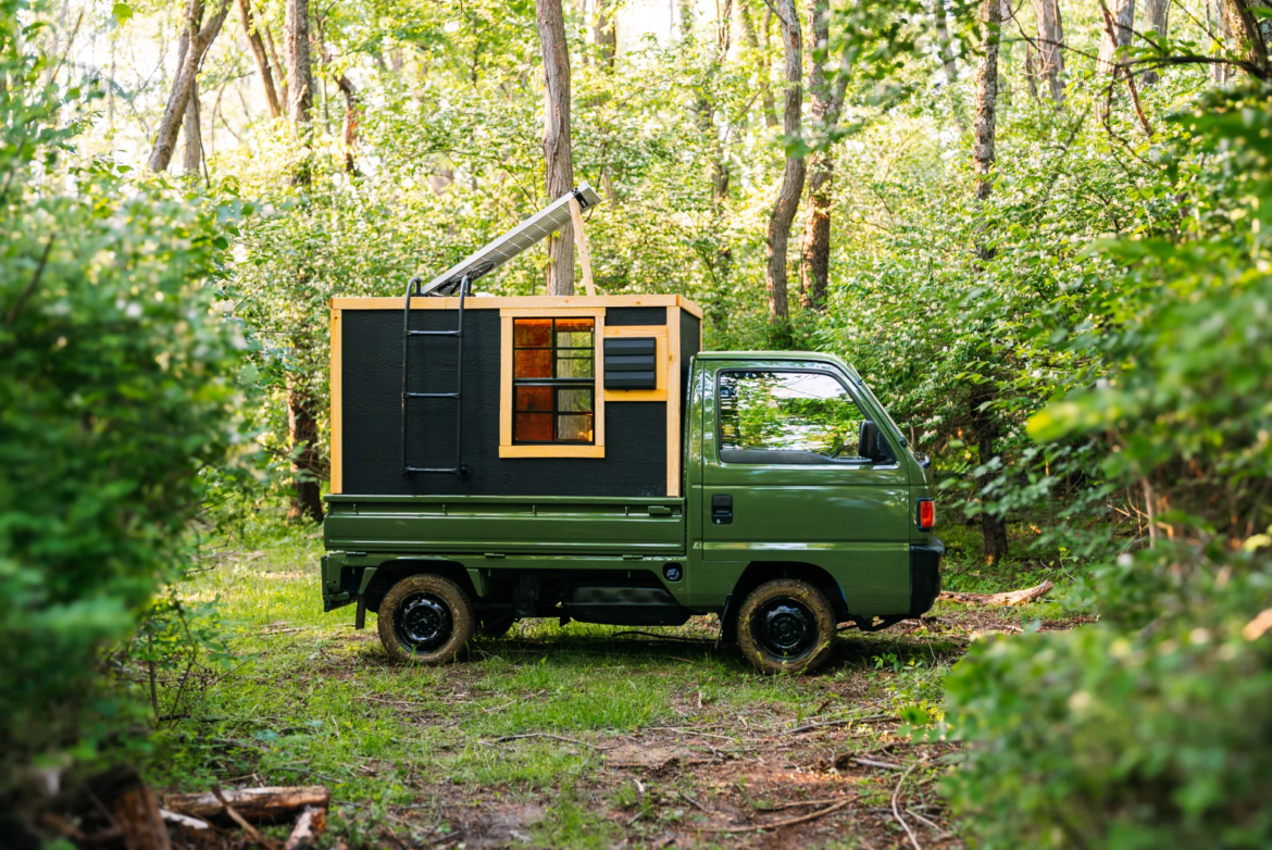 The micro-camper is based on a Japanese off-road Honda Acty pickup truck